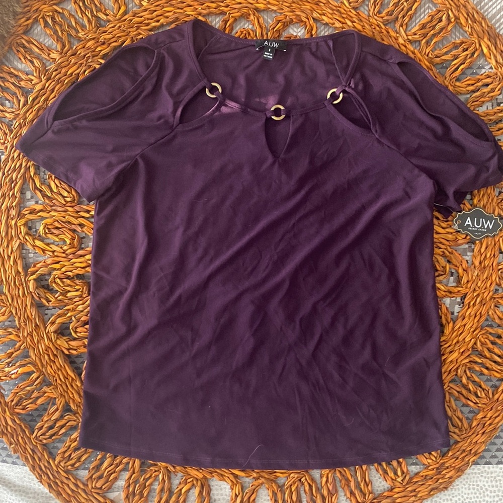 A.U.W. Size S - NWT Purple Open-Shoulder Top with Gold Accents